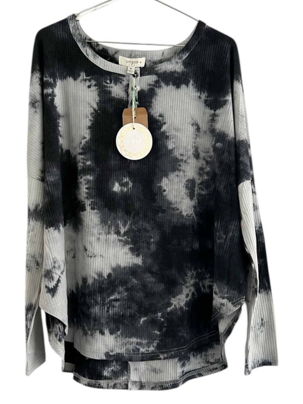 NWT Umgee Tie-Dye Ribbed Long Sleeve Top Grey & Black Oversized Waffle Knit 1X